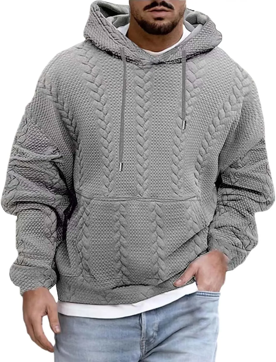 Mens Hooded Sweatshirt 2024 Fashion Textured Knit Drawstring Long Sleeve Pullover Loose Sports Workout Casual Hoodies