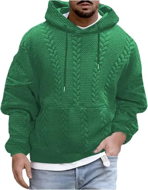 Mens Hooded Sweatshirt 2024 Fashion Textured Knit Drawstring Long Sleeve Pullover Loose Sports Workout Casual Hoodies