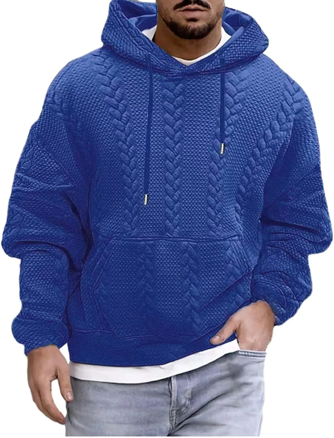 Mens Hooded Sweatshirt 2024 Fashion Textured Knit Drawstring Long Sleeve Pullover Loose Sports Workout Casual Hoodies