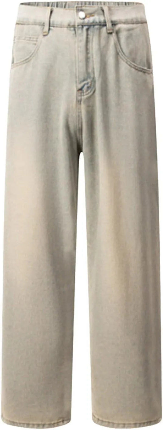 Mens Jeans, Mens Wide Leg Jeans Elastic Waist Baggy Jeans Casual Fashion Drawstring Denim Pants Trousers with Pockets