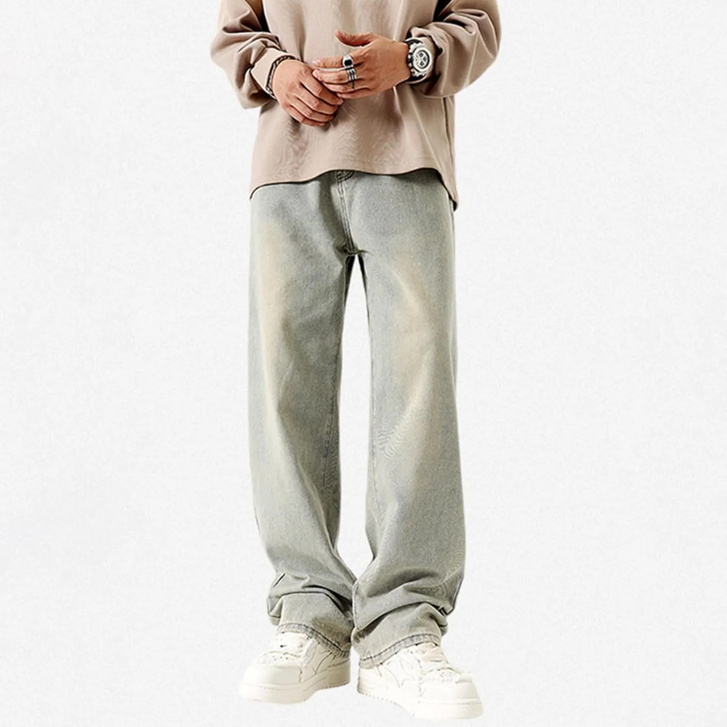 Mens Jeans, Mens Wide Leg Jeans Elastic Waist Baggy Jeans Casual Fashion Drawstring Denim Pants Trousers with Pockets