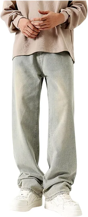 Mens Jeans, Mens Wide Leg Jeans Elastic Waist Baggy Jeans Casual Fashion Drawstring Denim Pants Trousers with Pockets