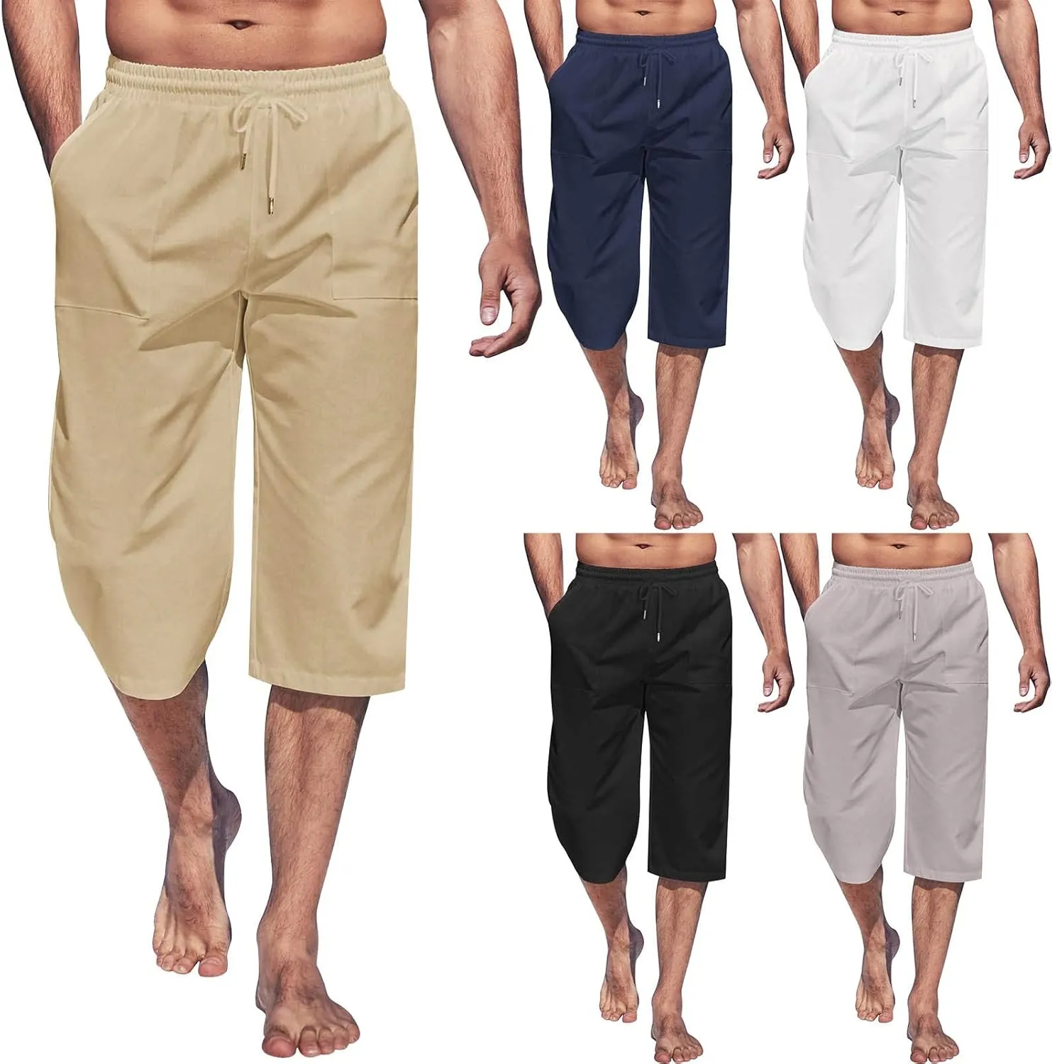 Mens Linen Capri Pants Casual Lightweight Baggy 3/4 Pants Drawstring Elastic Waist Cropped Trousers Beach Yoga Shorts Pockets