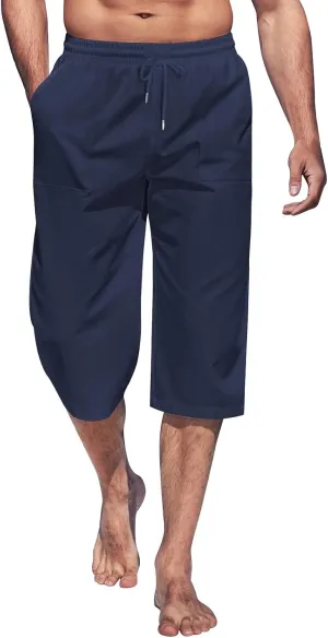 Mens Linen Capri Pants Casual Lightweight Baggy 3/4 Pants Drawstring Elastic Waist Cropped Trousers Beach Yoga Shorts Pockets