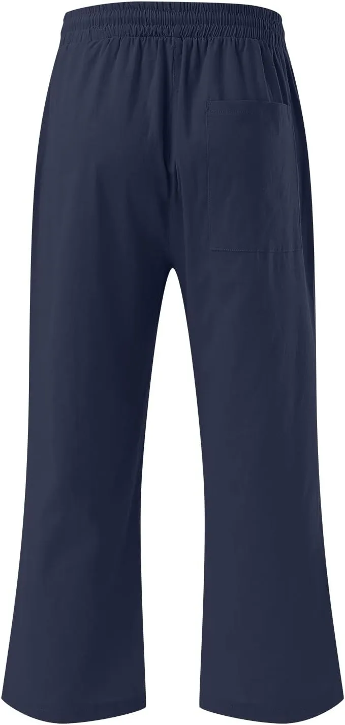 Mens Linen Capri Pants Casual Lightweight Baggy 3/4 Pants Drawstring Elastic Waist Cropped Trousers Beach Yoga Shorts Pockets