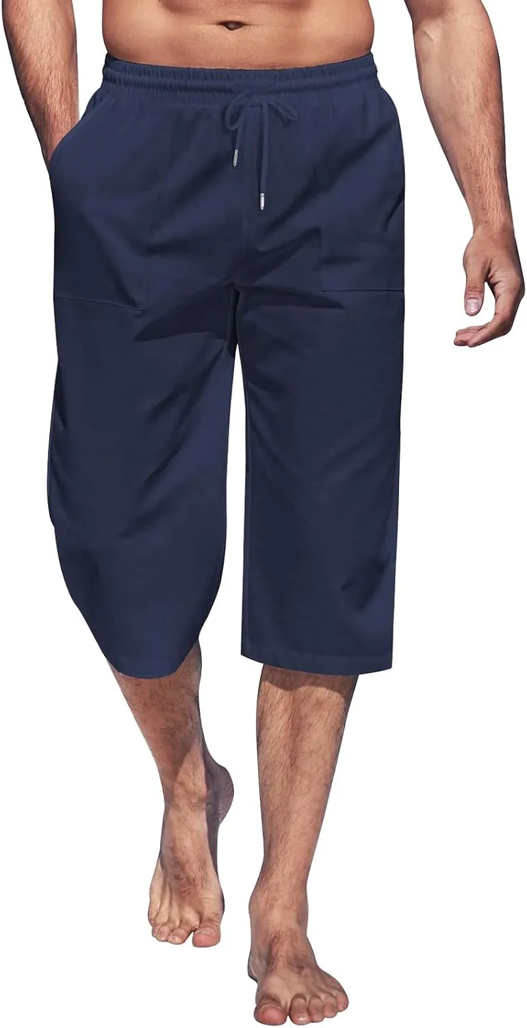 Mens Linen Capri Pants Casual Lightweight Baggy 3/4 Pants Drawstring Elastic Waist Cropped Trousers Beach Yoga Shorts Pockets