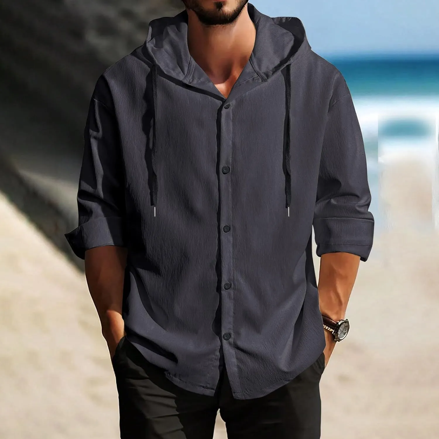Mens Linen Shirts Long Sleeve Drawstring Button Down Casual Hooded T Shirt for Men 2025 Stylish Roll-Up Sleeve