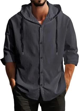 Mens Linen Shirts Long Sleeve Drawstring Button Down Casual Hooded T Shirt for Men 2025 Stylish Roll-Up Sleeve
