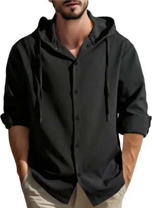 Mens Linen Shirts Long Sleeve Drawstring Button Down Casual Hooded T Shirt for Men 2025 Stylish Roll-Up Sleeve