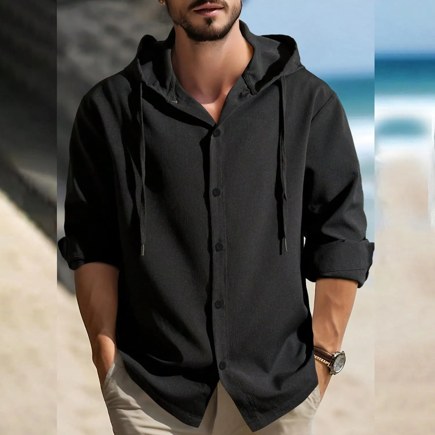 Mens Linen Shirts Long Sleeve Drawstring Button Down Casual Hooded T Shirt for Men 2025 Stylish Roll-Up Sleeve