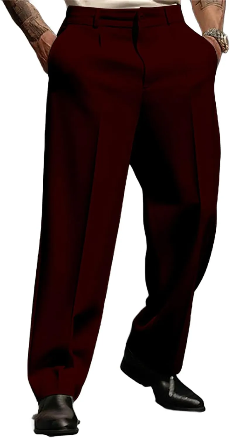 Mens Loose Fit Suit Dress Pants Casual Business Straight Leg Formal Pants Wrinkle Free Flat Front Work Trousers
