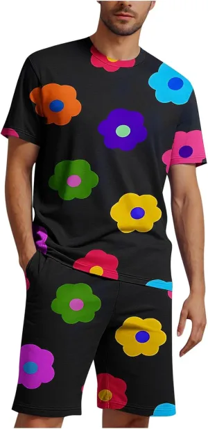 Mens Short Sets 2 Piece Beach Outfits Sleeve Graphic Tee Shirt Hawaiian Printed Drawstring Shorts Cotton Set