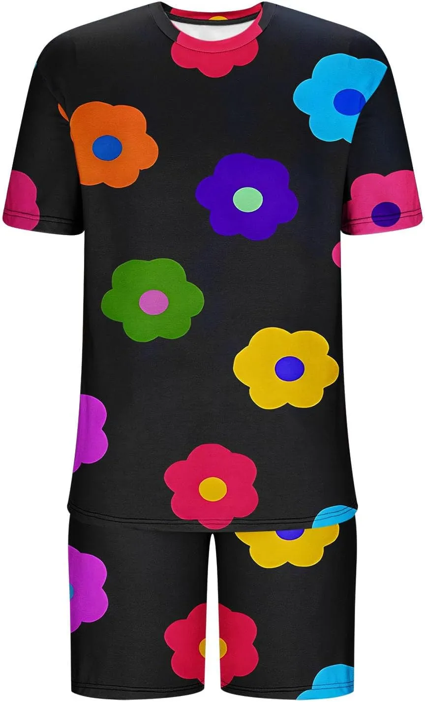 Mens Short Sets 2 Piece Beach Outfits Sleeve Graphic Tee Shirt Hawaiian Printed Drawstring Shorts Cotton Set