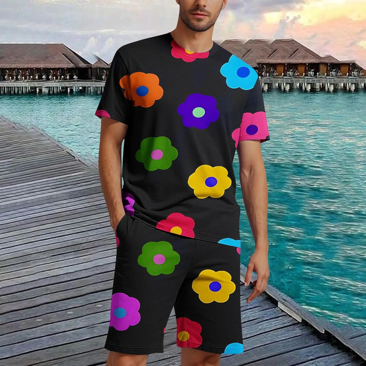 Mens Short Sets 2 Piece Beach Outfits Sleeve Graphic Tee Shirt Hawaiian Printed Drawstring Shorts Cotton Set