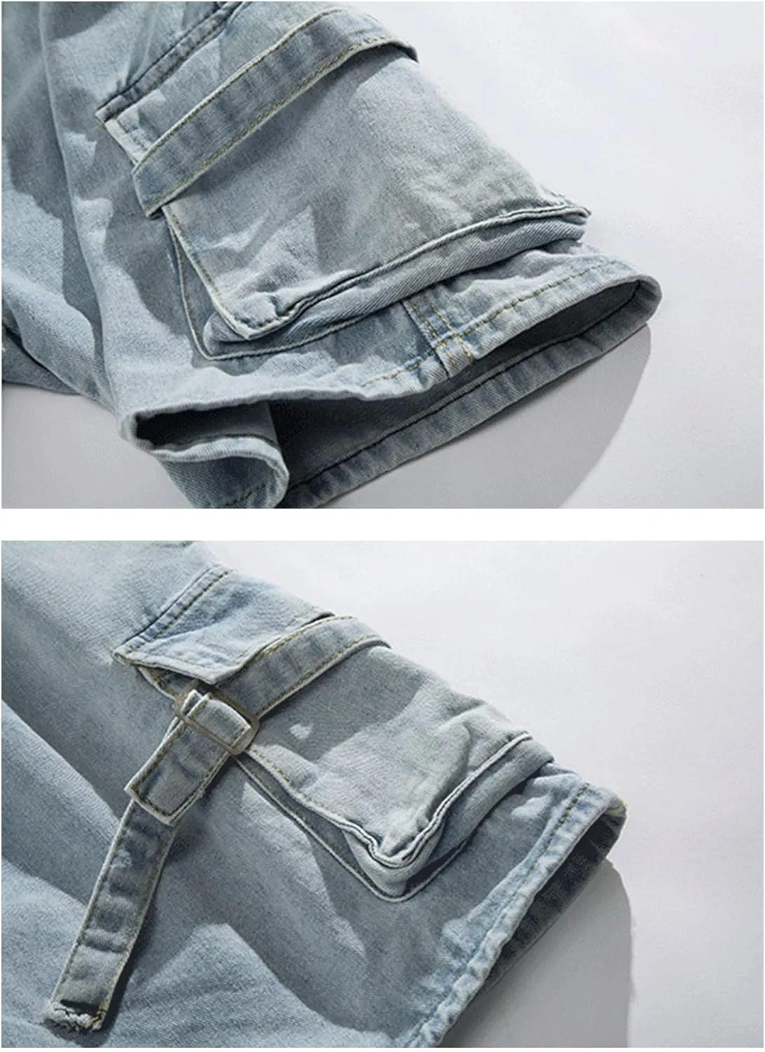 Men's Side Pockets Drawstring Denim Shorts Elastic Waist Cargo Straight Jean Shorts Wash Short Wide Leg Jeans