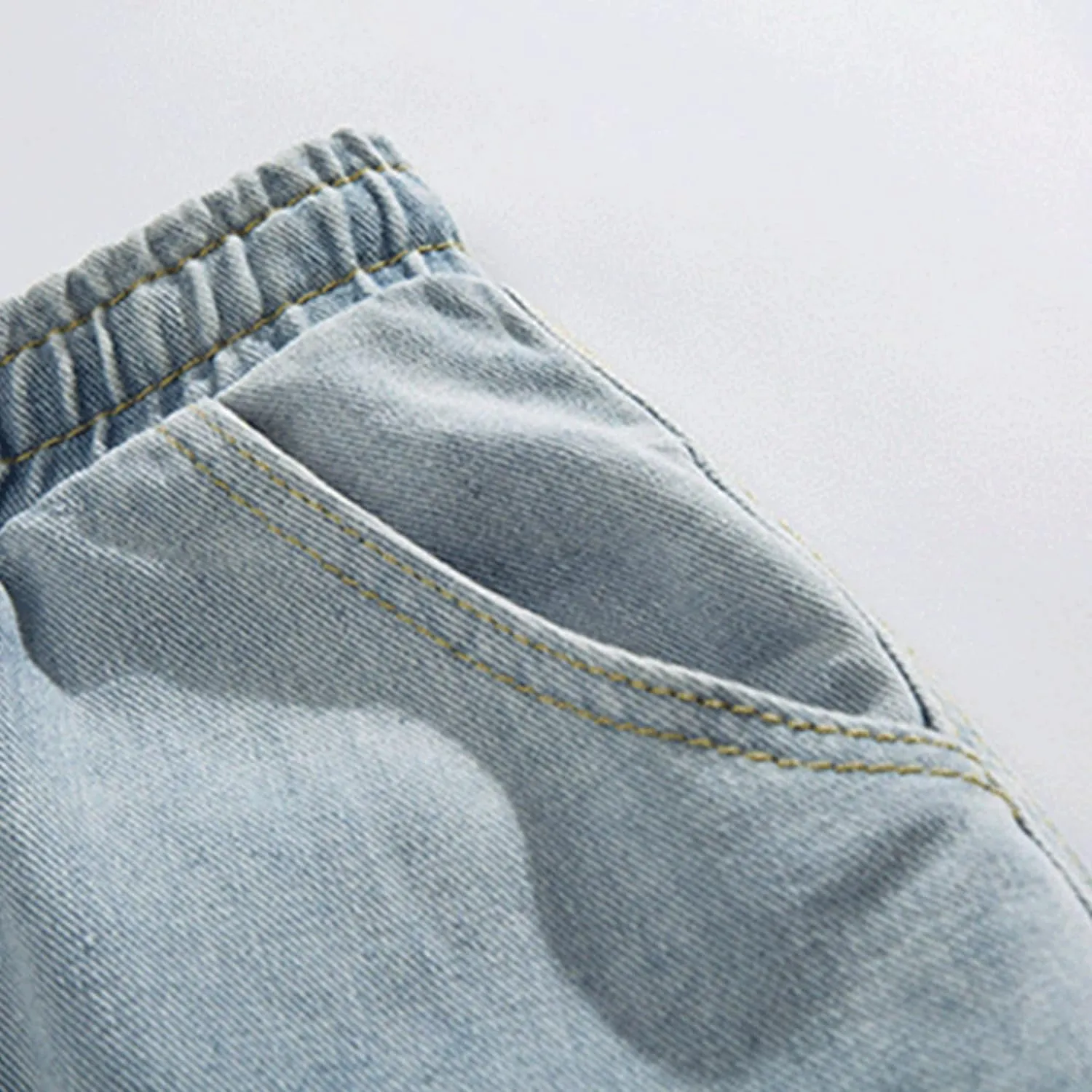 Men's Side Pockets Drawstring Denim Shorts Elastic Waist Cargo Straight Jean Shorts Wash Short Wide Leg Jeans
