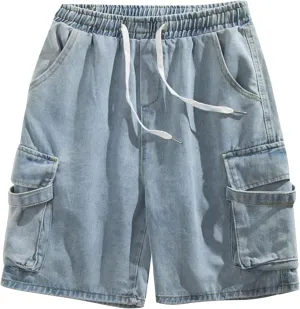 Men's Side Pockets Drawstring Denim Shorts Elastic Waist Cargo Straight Jean Shorts Wash Short Wide Leg Jeans