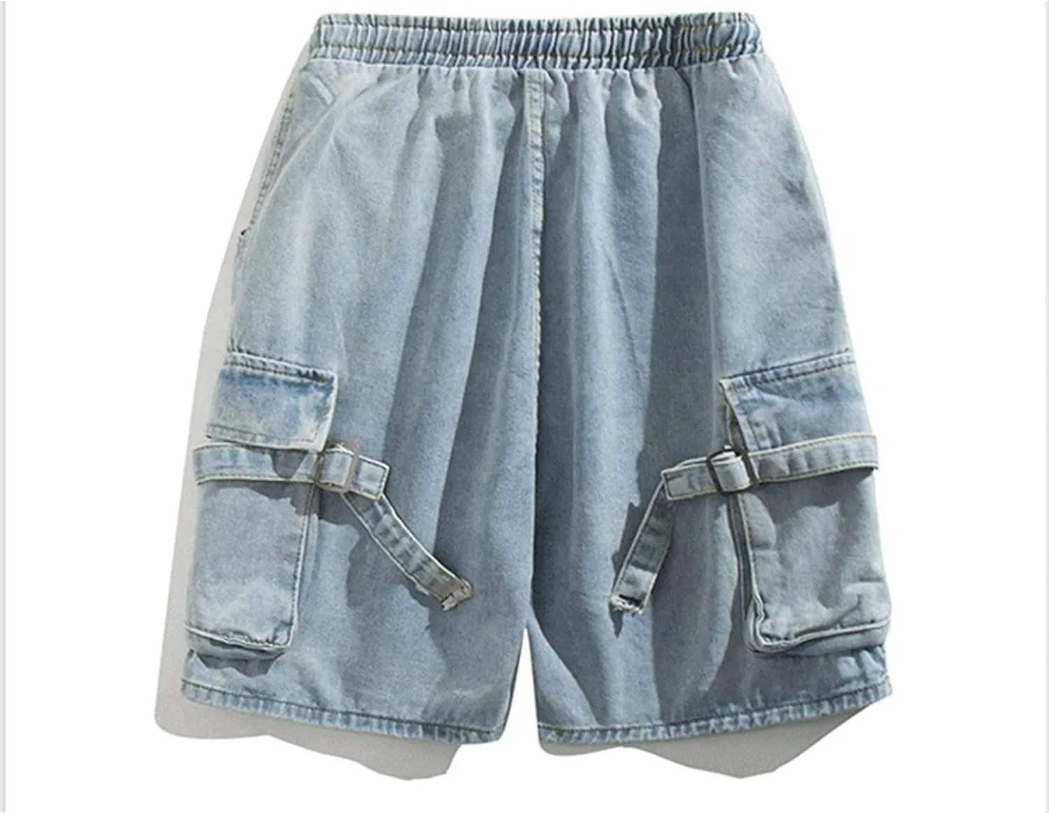 Men's Side Pockets Drawstring Denim Shorts Elastic Waist Cargo Straight Jean Shorts Wash Short Wide Leg Jeans