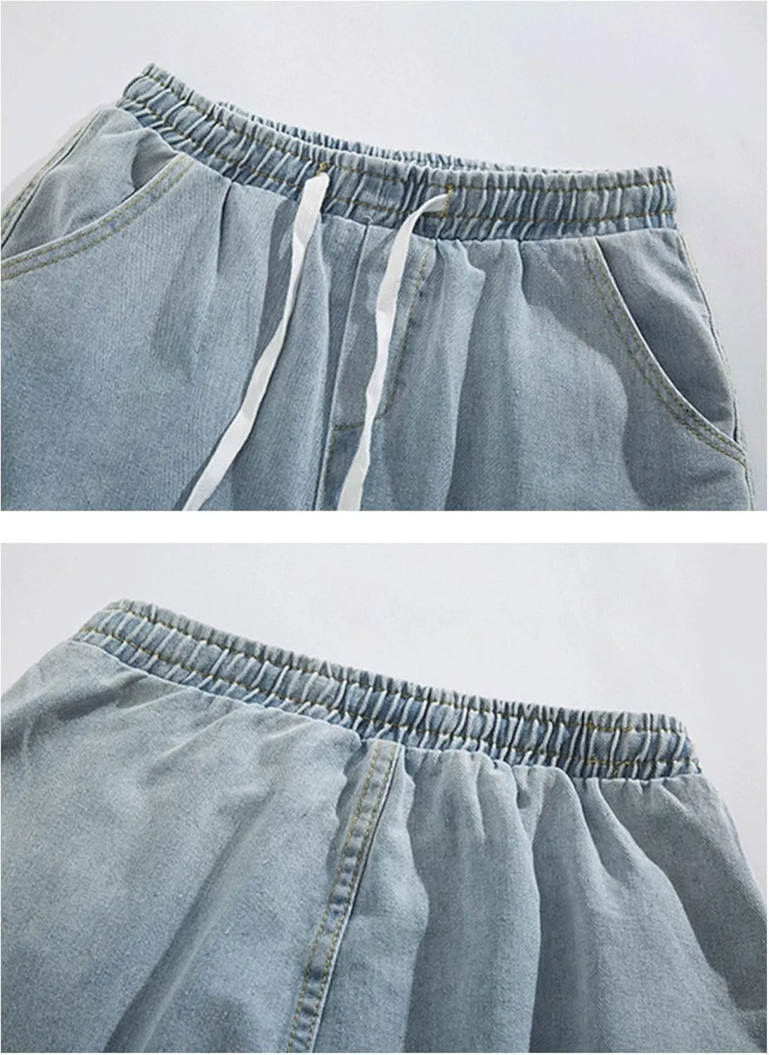 Men's Side Pockets Drawstring Denim Shorts Elastic Waist Cargo Straight Jean Shorts Wash Short Wide Leg Jeans