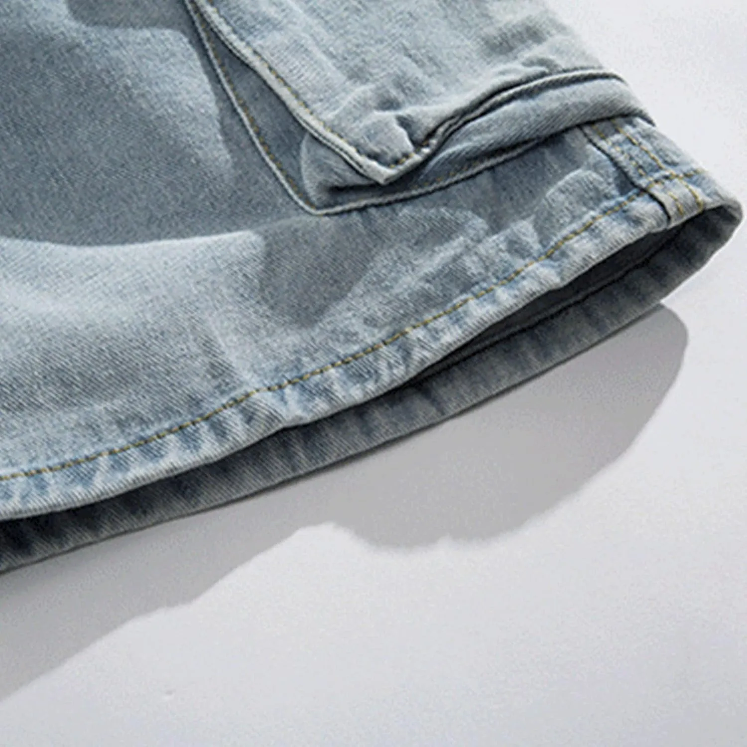 Men's Side Pockets Drawstring Denim Shorts Elastic Waist Cargo Straight Jean Shorts Wash Short Wide Leg Jeans