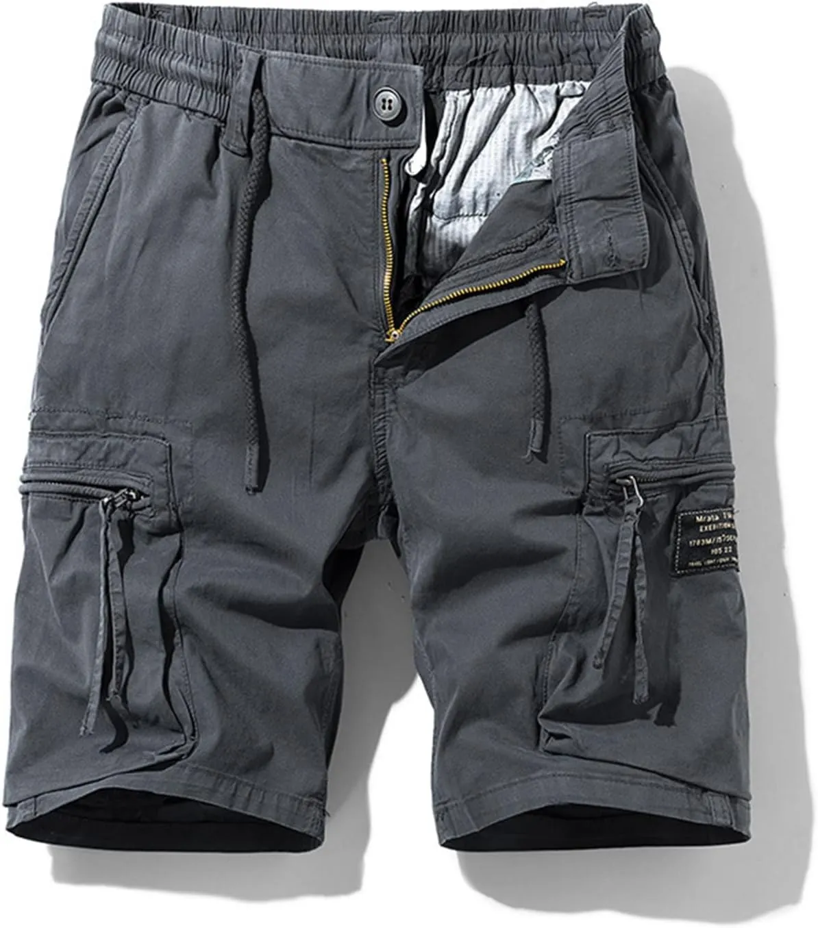 Mens Stretch Shorts Classic Fit Cotton Drawstring Multi Pockets Solid Cargo Shorts Fashion Work Tooling Shorts