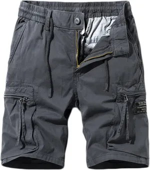 Mens Stretch Shorts Classic Fit Cotton Drawstring Multi Pockets Solid Cargo Shorts Fashion Work Tooling Shorts