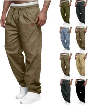 Mens Sweatpants Casual Drawstring Sports Pants Multi Pockets Relaxed Fit Joggers Athletic Outdoor Straight Leg Pants