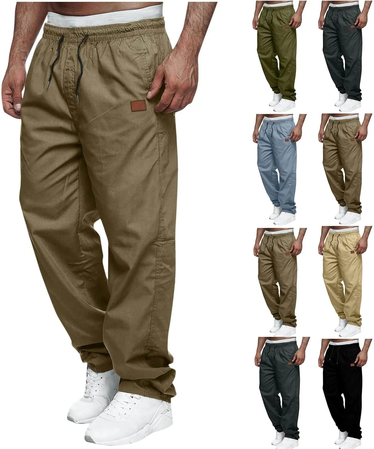 Mens Sweatpants Casual Drawstring Sports Pants Multi Pockets Relaxed Fit Joggers Athletic Outdoor Straight Leg Pants