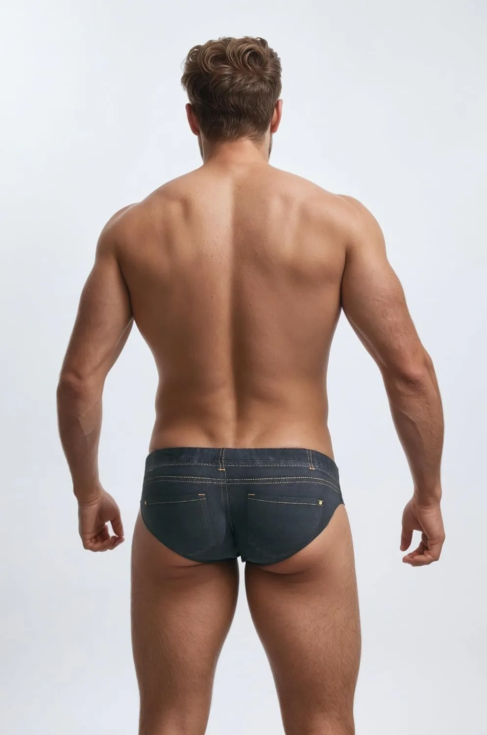 Men's Swim Briefs 3D Denim Print Quick-Dry Swimwear Drawstring Low-Rise Beach Shorts for Pool Surfing