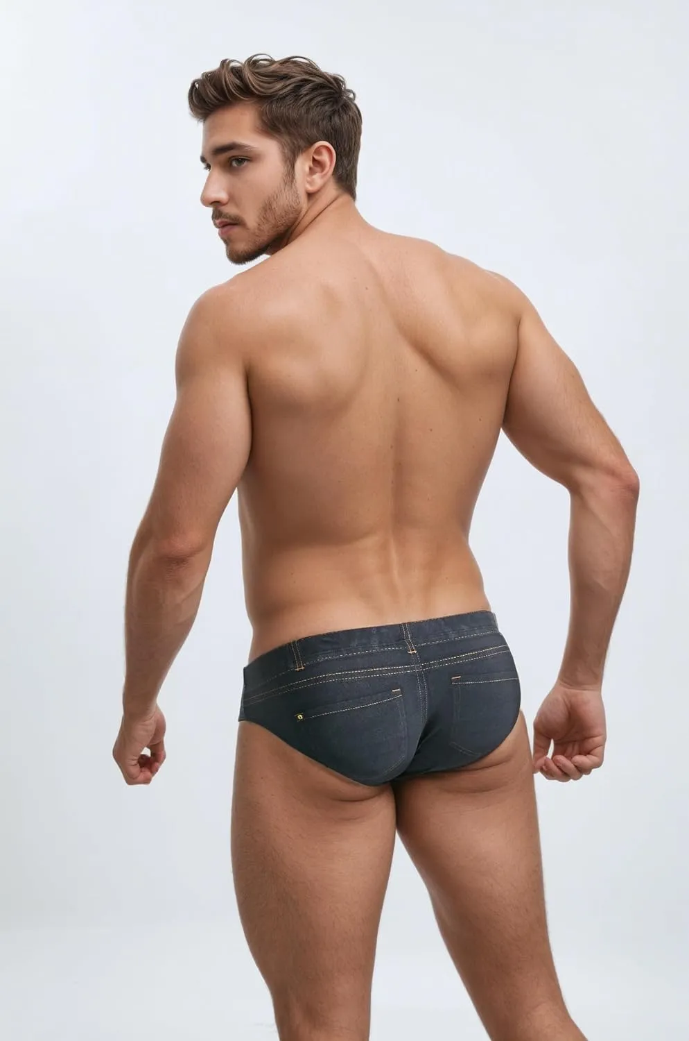 Men's Swim Briefs 3D Denim Print Quick-Dry Swimwear Drawstring Low-Rise Beach Shorts for Pool Surfing
