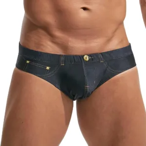 Men's Swim Briefs 3D Denim Print Quick-Dry Swimwear Drawstring Low-Rise Beach Shorts for Pool Surfing