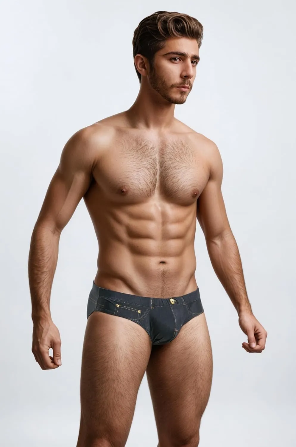 Men's Swim Briefs 3D Denim Print Quick-Dry Swimwear Drawstring Low-Rise Beach Shorts for Pool Surfing
