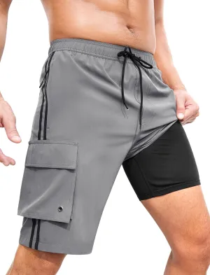 Mens Swim Trunks with Compression Liner 9 Inch Bathing Suits Quick Dry Board Shorts Summer Swimsuit with Cargo Pocket