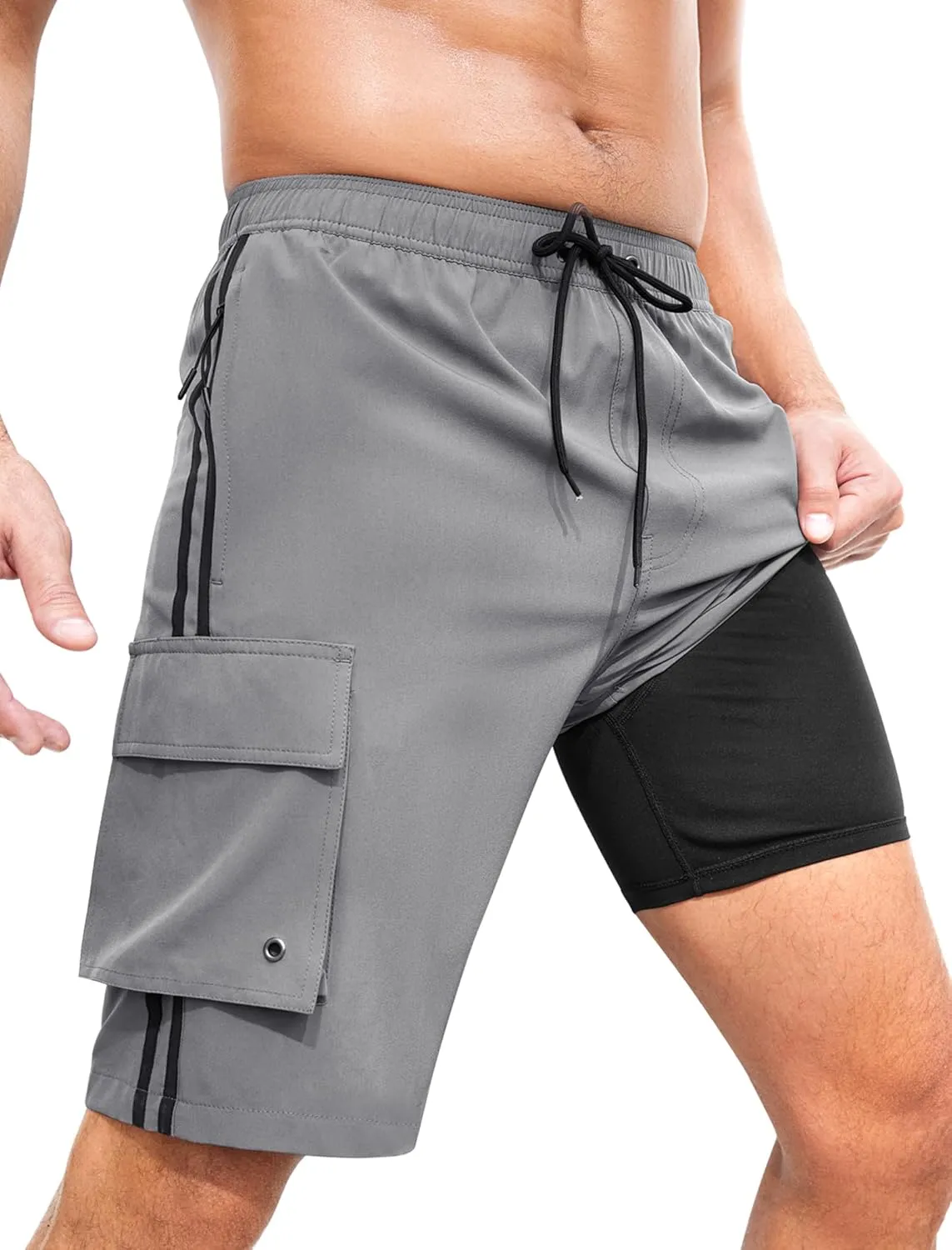 Mens Swim Trunks with Compression Liner 9 Inch Bathing Suits Quick Dry Board Shorts Summer Swimsuit with Cargo Pocket