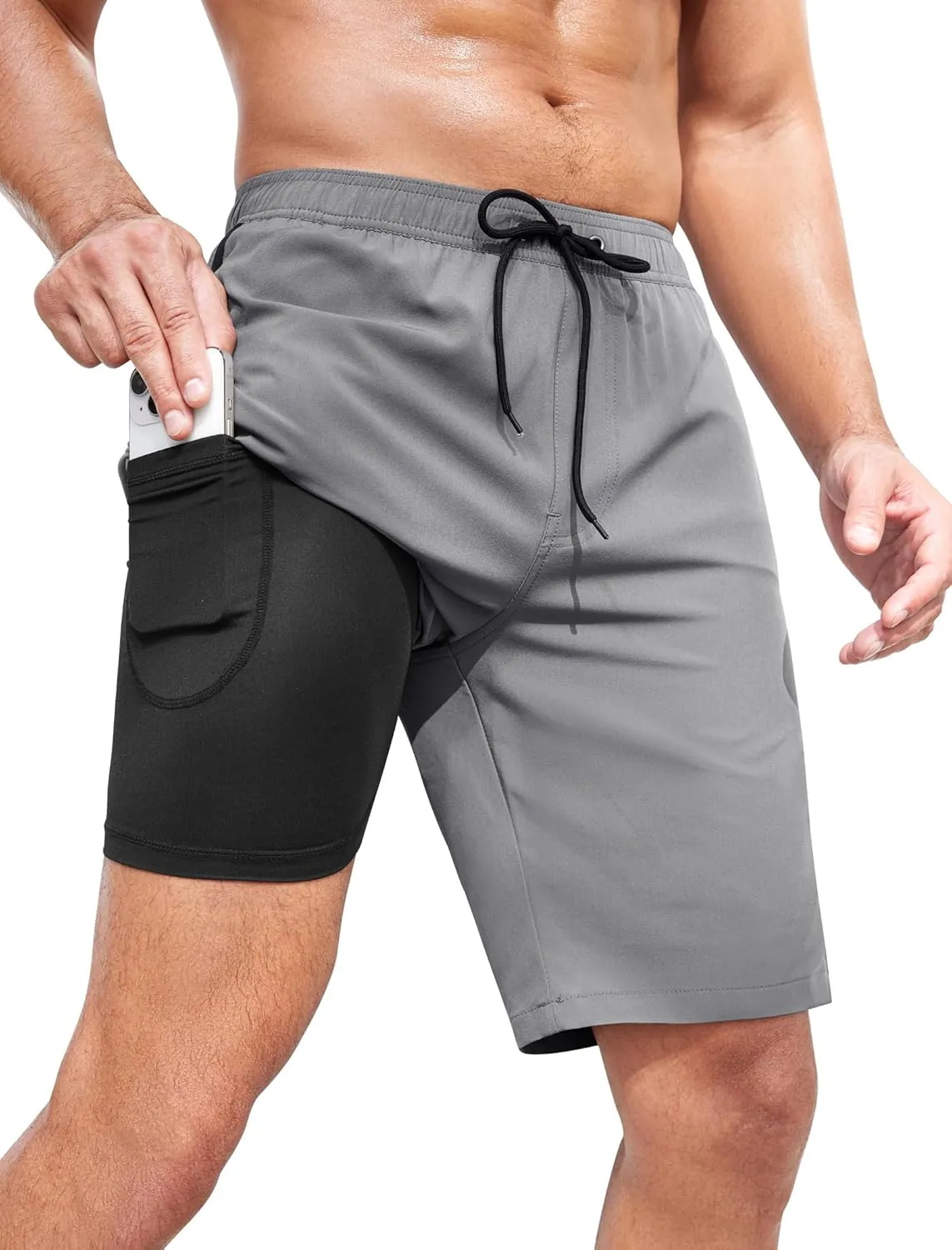 Mens Swim Trunks with Compression Liner 9 Inch Bathing Suits Quick Dry Board Shorts Summer Swimsuit with Cargo Pocket