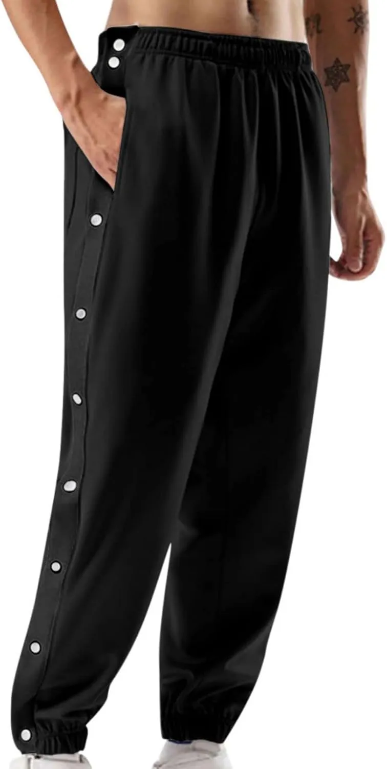 Mens Tear Away Athletic Pants Side High Split Basketball Pants Snap Button Striped Sweatpants Workout Jogger Pants Men