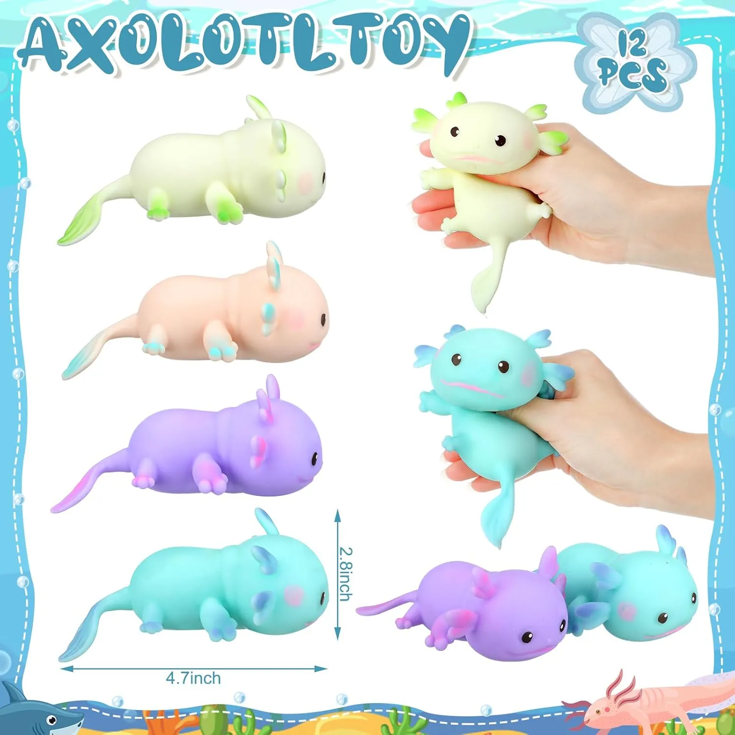 Meooeck 12 Pcs Axolotl Stress Relief Toys Stress Balls for Adult Mini Axolotl Squeeze Fun Fidget Toys Animal Balls Cute for Birthday Party Office Christmas Stocking Stuffer Gift ADHD Autism Anxiety