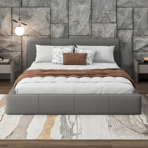 Merax Modern Tufted Platform Bed with Headboard Full, Faux Leather Floor Bed Frame with Wood Slat Support, No Box Spring Needed, Gray
