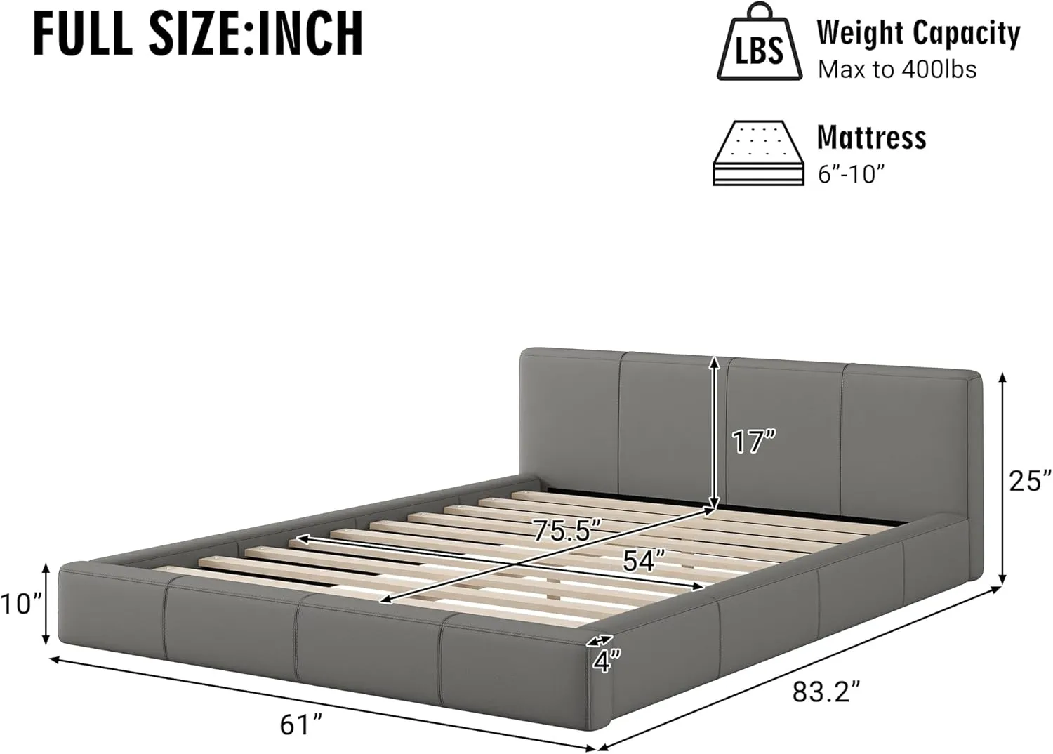 Merax Modern Tufted Platform Bed with Headboard Full, Faux Leather Floor Bed Frame with Wood Slat Support, No Box Spring Needed, Gray