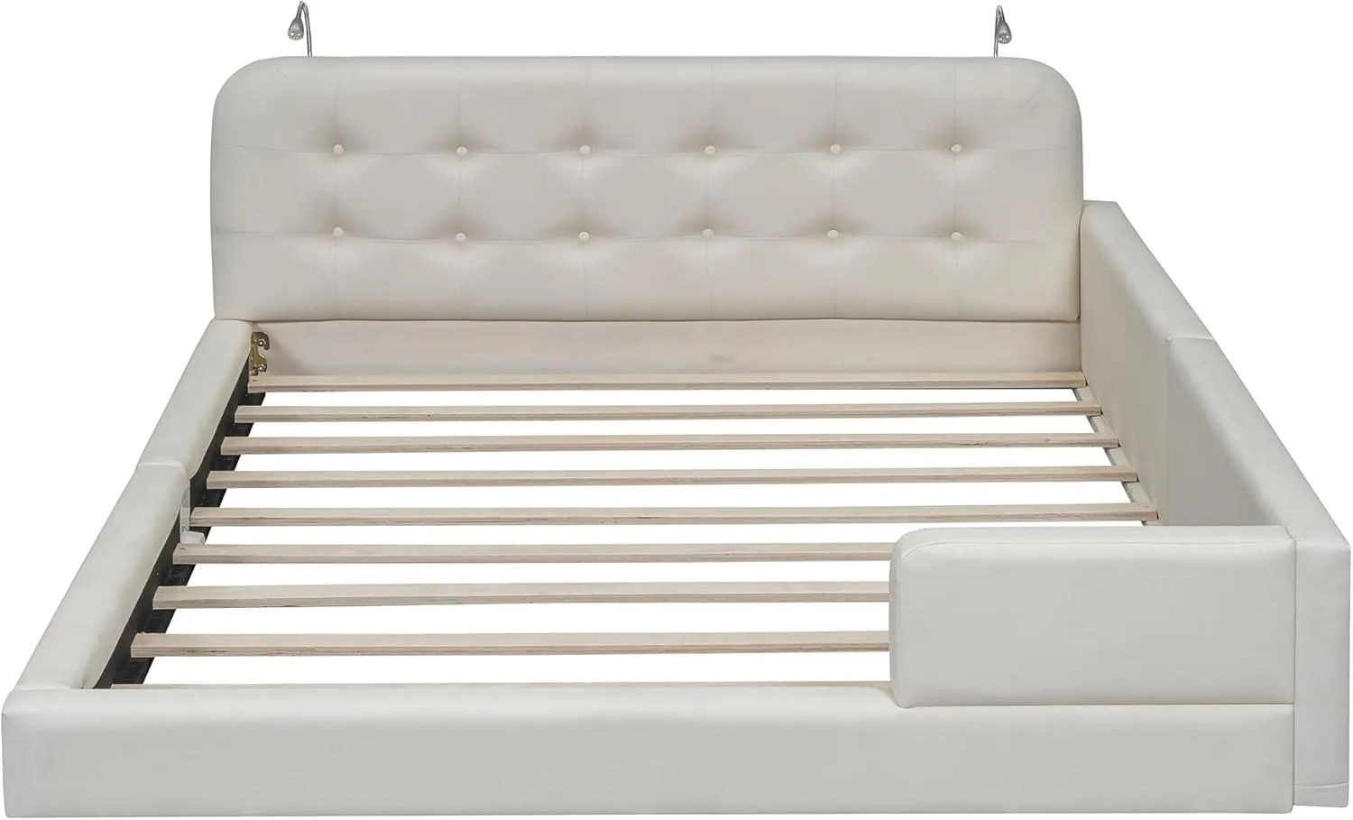 Merax Modern Tufted Plattform Bed with Headboard, Queen PU Leather Floor Day Bed Frame, No Box Spring Needed White