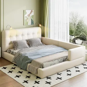 Merax Modern Tufted Plattform Bed with Headboard, Queen PU Leather Floor Day Bed Frame, No Box Spring Needed White