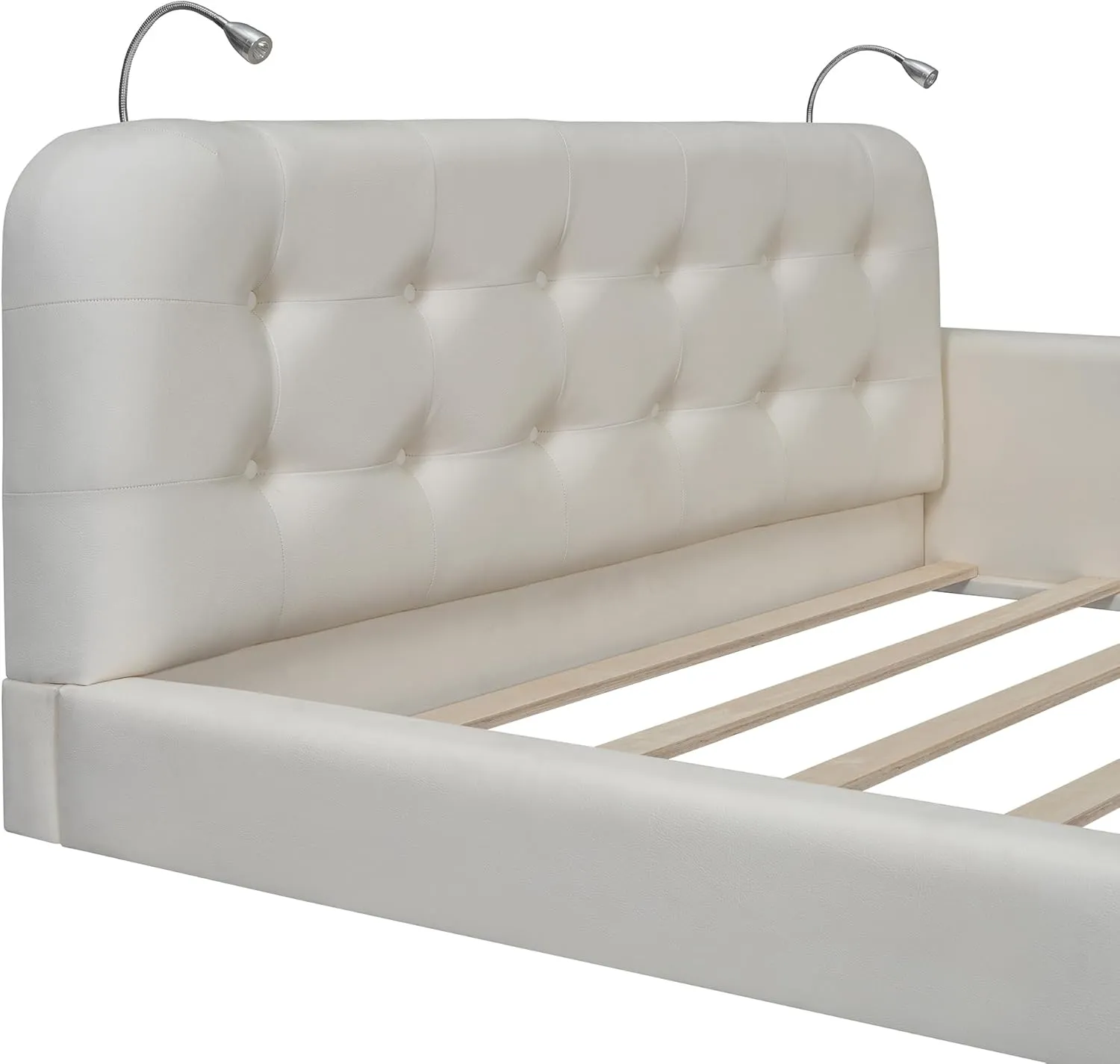 Merax Modern Tufted Plattform Bed with Headboard, Queen PU Leather Floor Day Bed Frame, No Box Spring Needed White