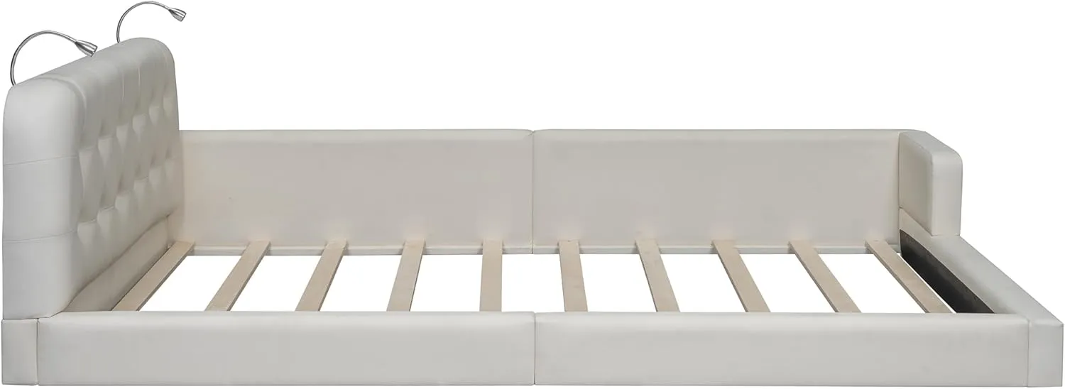 Merax Modern Tufted Plattform Bed with Headboard, Queen PU Leather Floor Day Bed Frame, No Box Spring Needed White