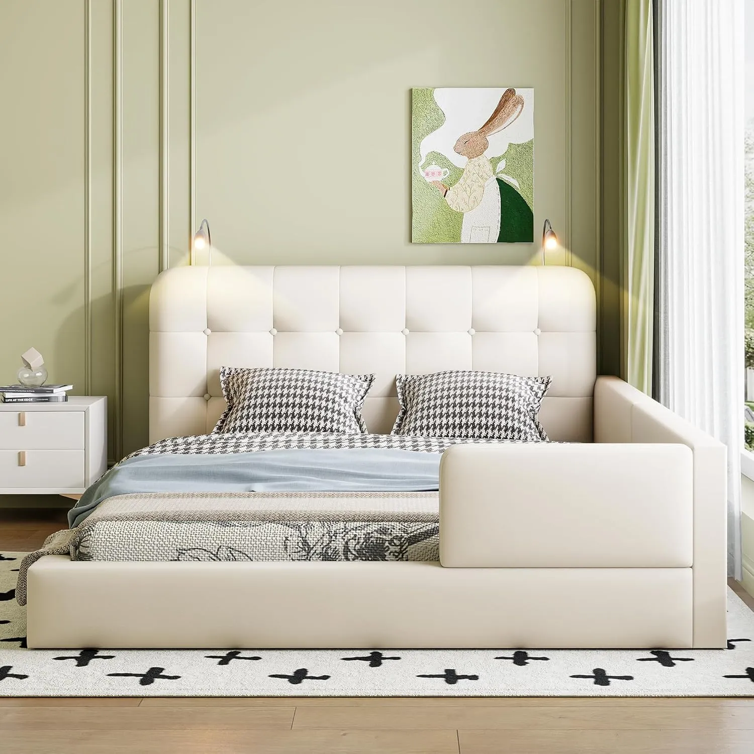 Merax Modern Tufted Plattform Bed with Headboard, Queen PU Leather Floor Day Bed Frame, No Box Spring Needed White