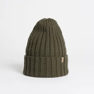 Merino Handknit Thick Rib Hat in Olive Green