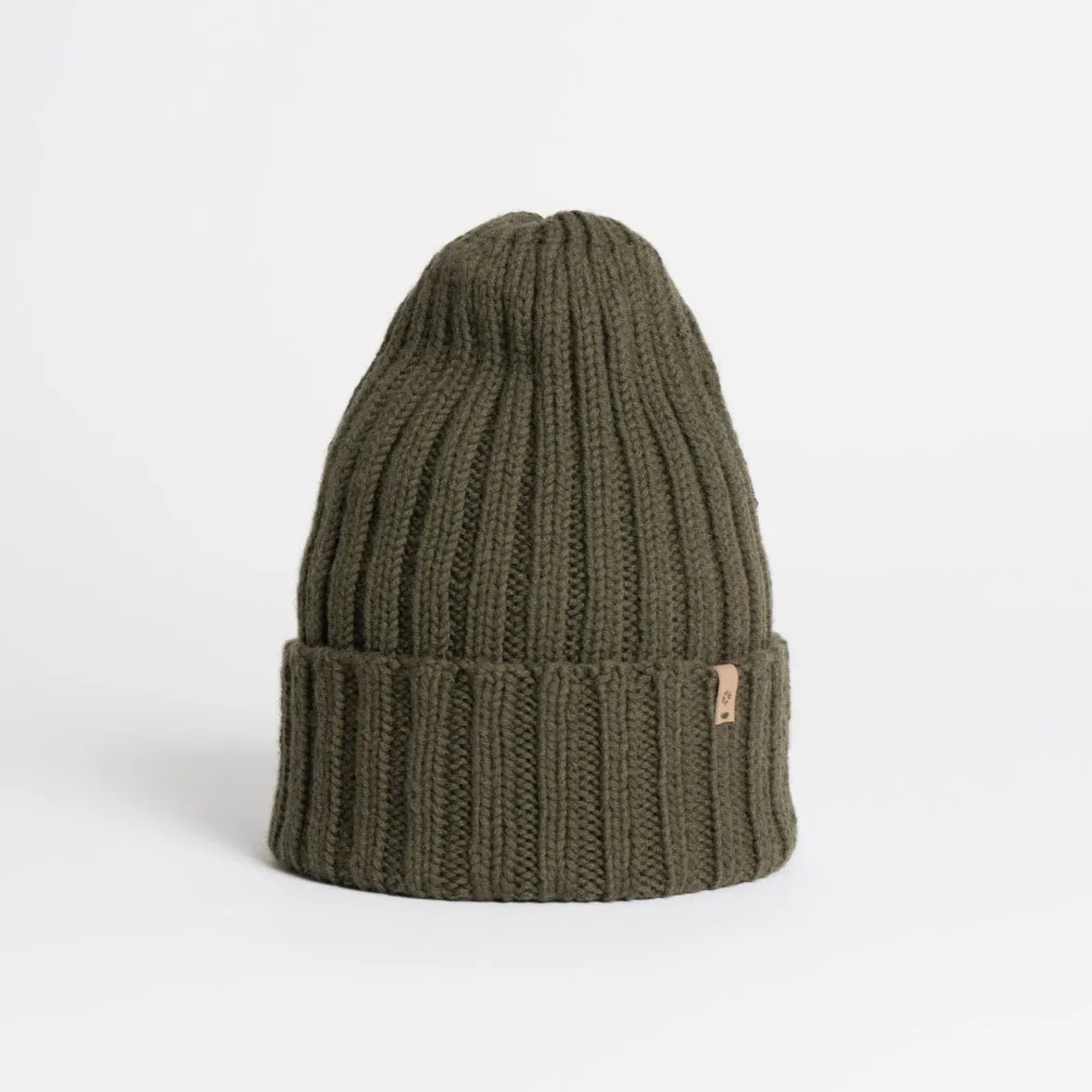 Merino Handknit Thick Rib Hat in Olive Green