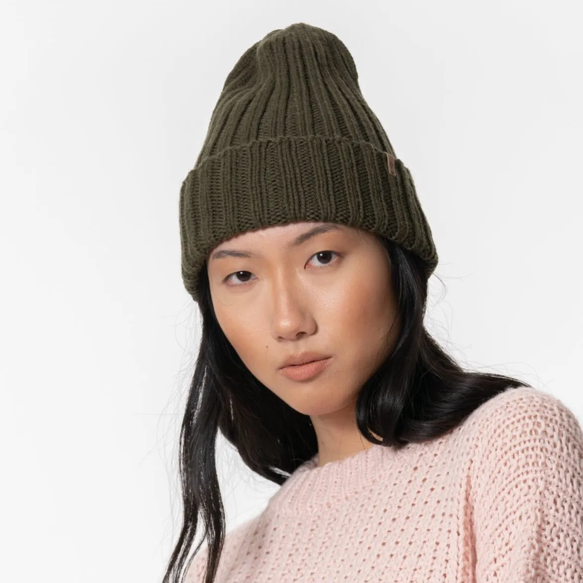 Merino Handknit Thick Rib Hat in Olive Green