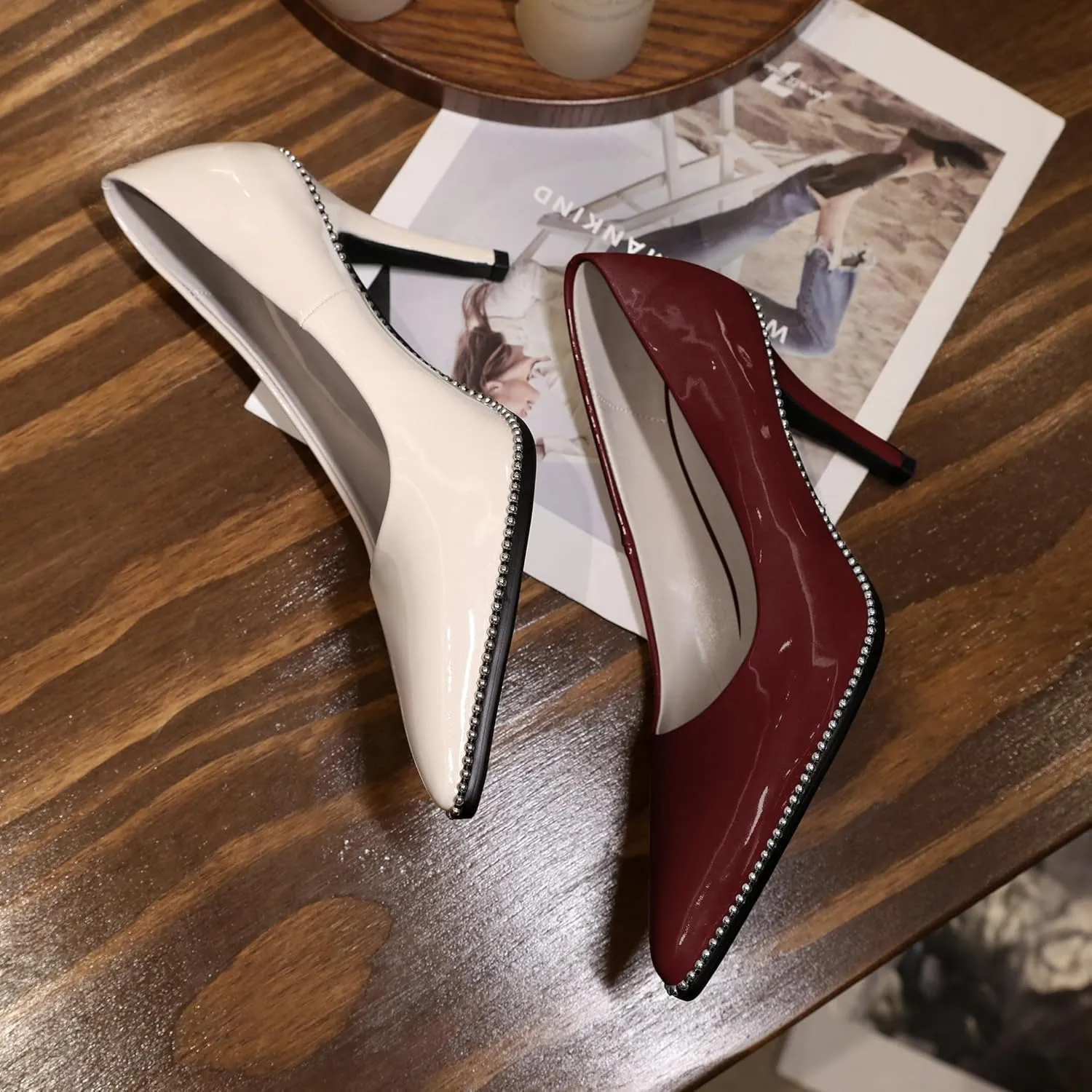 Mettesally Women's Stiletto High Heels Slip on Pumps Closed Pointed Toe Beaded Pump Shoes Casual Party Dress Shoes 3.5 Inch