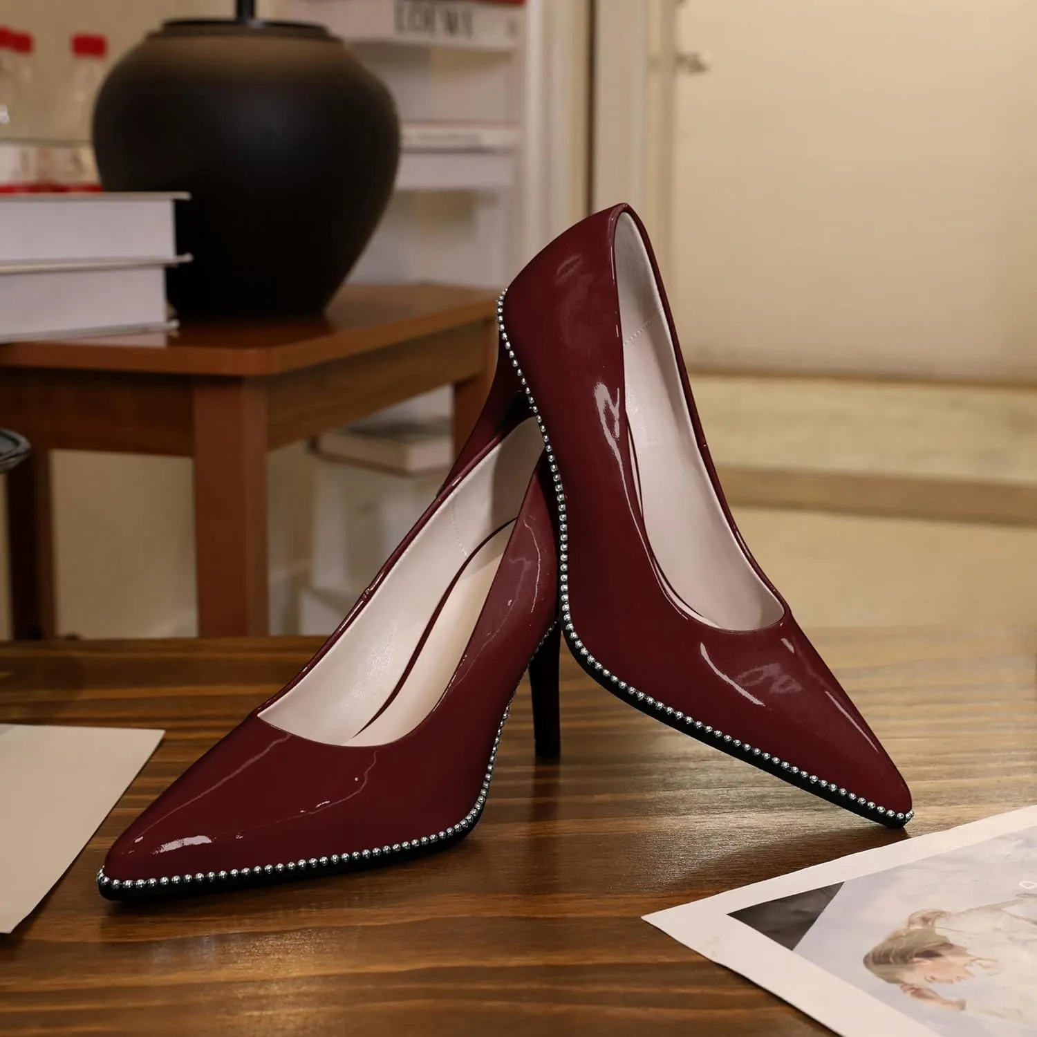 Mettesally Women's Stiletto High Heels Slip on Pumps Closed Pointed Toe Beaded Pump Shoes Casual Party Dress Shoes 3.5 Inch