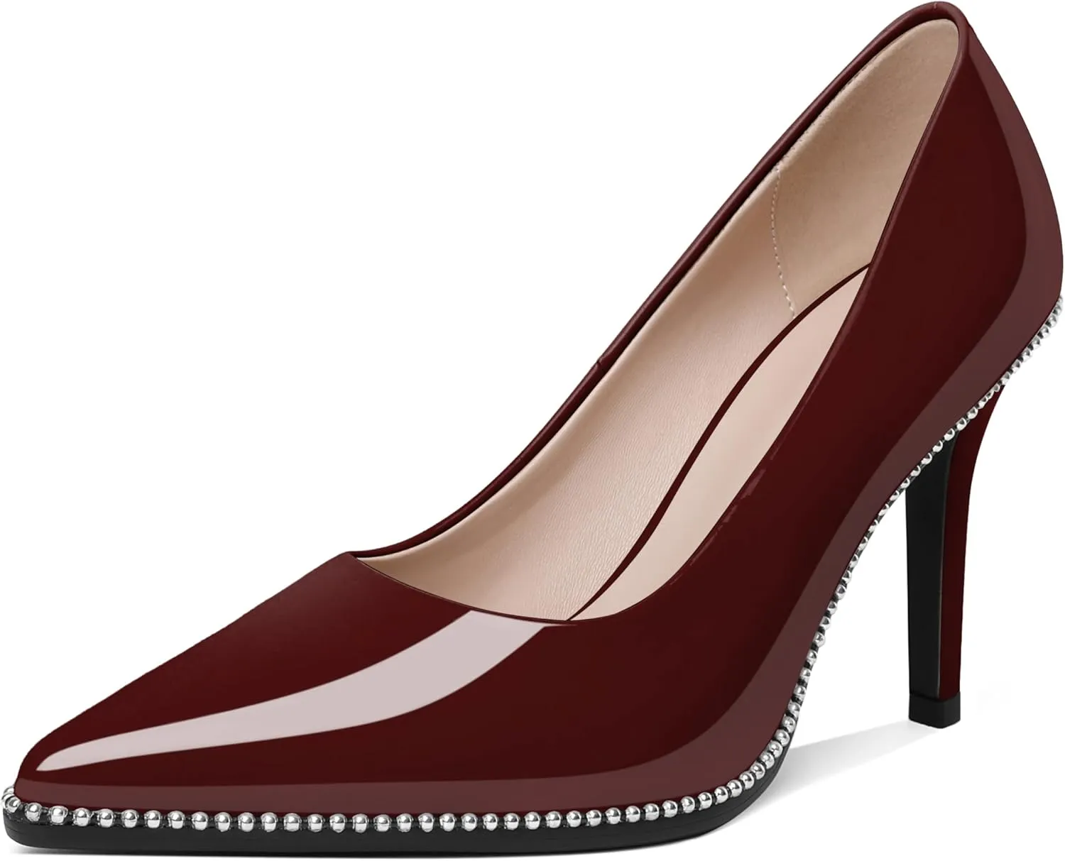 Mettesally Women's Stiletto High Heels Slip on Pumps Closed Pointed Toe Beaded Pump Shoes Casual Party Dress Shoes 3.5 Inch